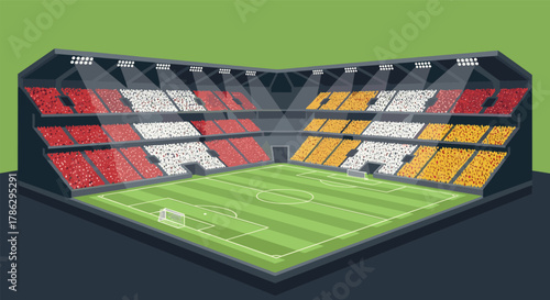 Modern soccer stadium with colorful seating and bright floodlights in flat design