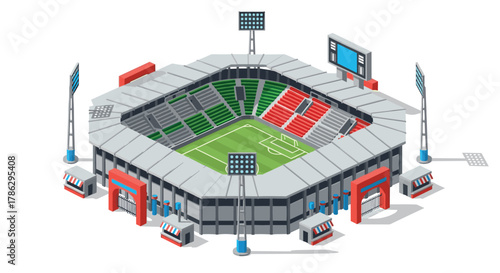 Modern isometric soccer stadium with bright seating and field highlights