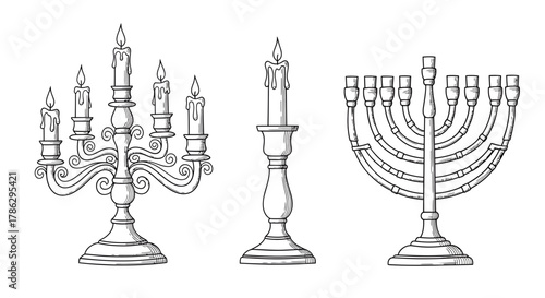 Elegant sketches of candle holders and a menorah against a white background