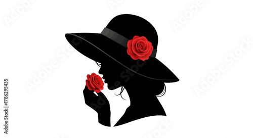 Elegant silhouette of a woman with hat adorned with roses, expressing feminine grace and classic