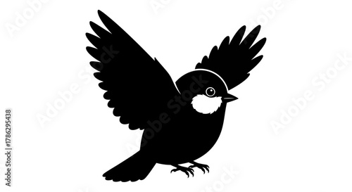 Elegant silhouette of a chickadee spreading its wings in graceful flight with detail