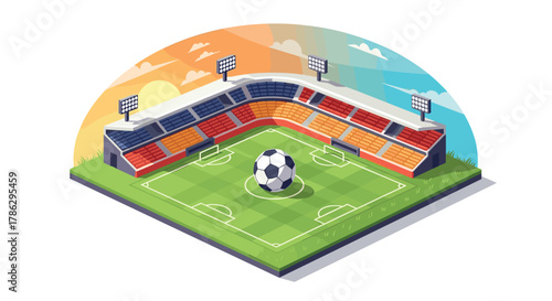 Vibrant isometric soccer stadium with giant ball and dynamic lighting for sports design