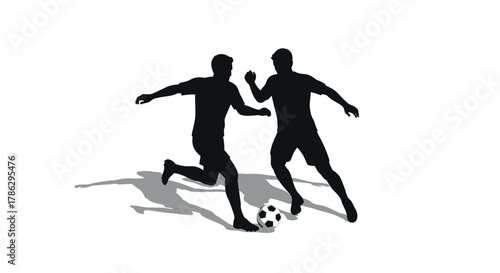 Dynamic soccer players in action: silhouette of two competing athletes with ball