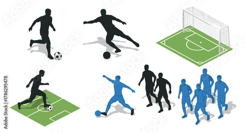 Isometric soccer figures and field elements in dynamic action poses