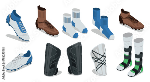 Isometric soccer gear collection featuring cleats, socks, and shin guards