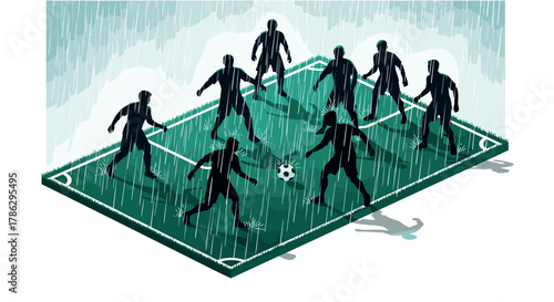 Silhouette soccer players competing in rain on a field
