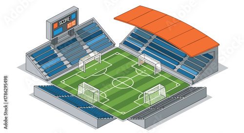 Modern isometric soccer stadium with seating and scoreboard