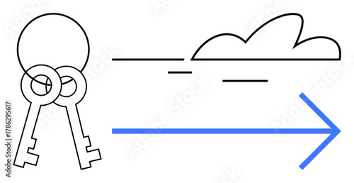 Two keys with overlapping circles beside a cloud and arrow emphasize access, direction, and progress. Ideal for security, opportunity, guidance, innovation, leadership freedom strategy. Simple flat