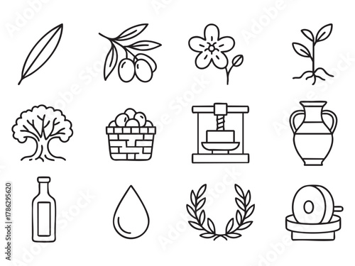 A collection of stylized vector icons representing olives and olive oil, featuring olive branches with green olives, a mature olive tree, a single drop of olive oil, and bottles of olive oil in 