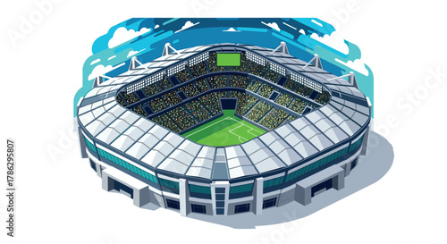 Modern isometric soccer stadium with spectators and vibrant atmosphere under clear blue sky