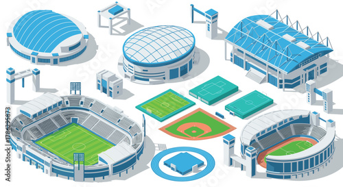 Isometric sports stadiums set with arenas and fields in modern design