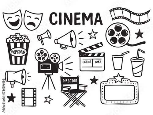 A graphic collection of hand-drawn cinema and film industry elements in a doodle sketch style 

