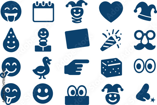 April fools day icons isolated on white background set includes jester hat, calendar, prank, joke, gag, whoopee cushion, fake glasses, rubber chicken, and more