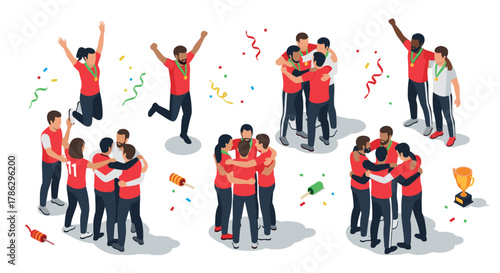 Isometric celebration scene with diverse team cheering and winning a trophy