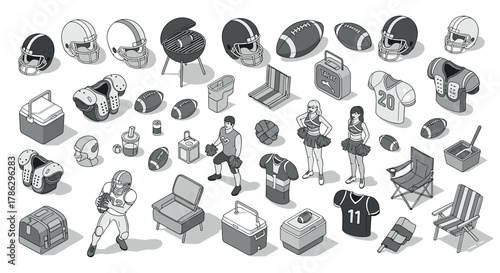 Isometric sports and tailgate party icons with football gear and grills