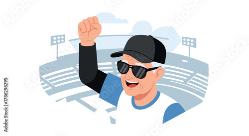 Enthusiastic senior sports fan in sunglasses cheering at stadium