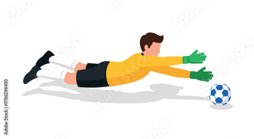 Isometric goalkeeper save action with soccer ball in motion