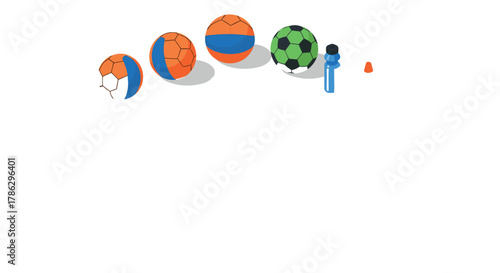 Isometric sports equipment collection with balls, shoes, jerseys, and accessories