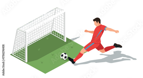 Soccer player kicking ball towards goal in isometric style