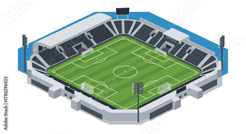 Modern isometric soccer stadium with green field and seats