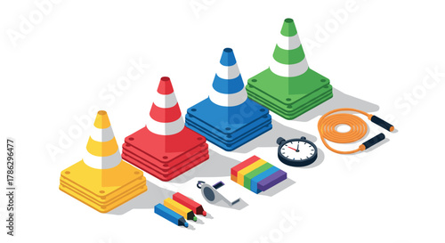 Colorful traffic cones with stopwatch and jump rope in isometric style