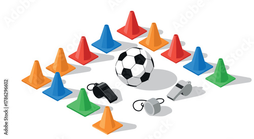 Soccer training equipment set with colorful cones and whistles