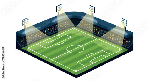 Isometric soccer stadium with illuminated field and spectator stands