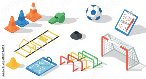 Isometric sports training equipment with whistle, soccer ball, and cones on white background