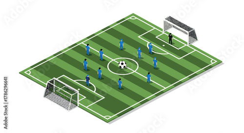 Isometric soccer field with players and goalkeeper in formation on green pitch