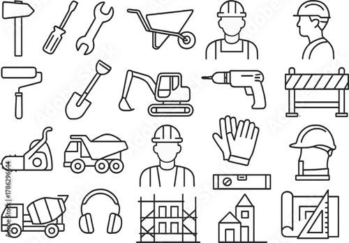 Construction Line Icons — Tools, Workers, and Heavy Equipment