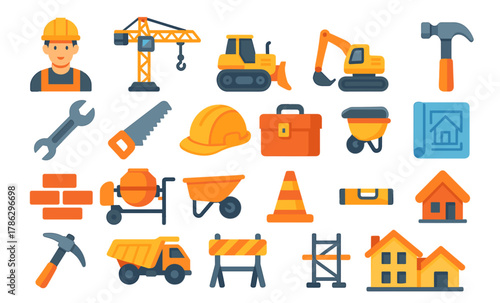 Construction Equipment and Worker Icons — Engineering Tools and Building Machinery