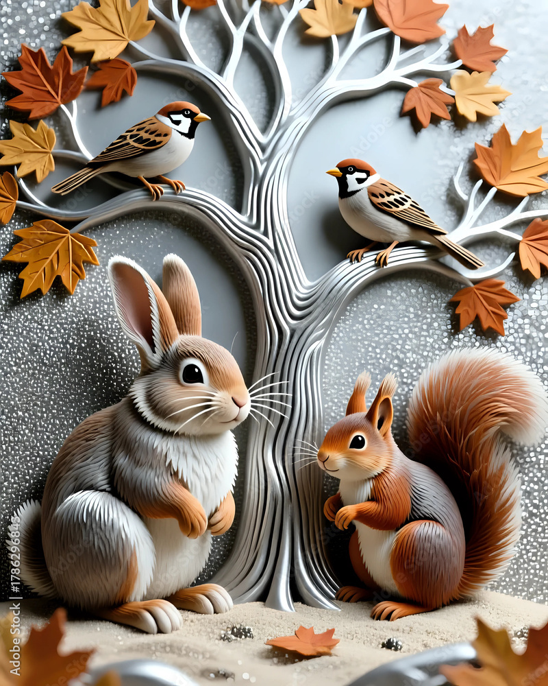 Obraz premium Squirrel and rabbit sitting under a tree I Wall Decor 