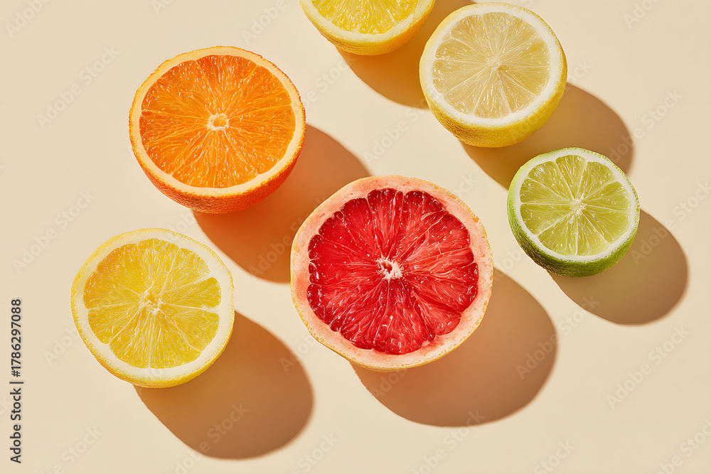 Fototapeta premium Colorful slices of citrus fruits arranged on a light background for a fresh and vibrant display