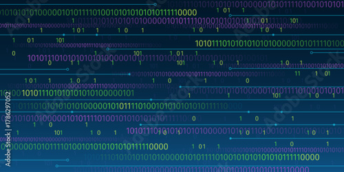 Binary code matrix on blue cyber background with abstract data streams and glowing lines. Technology concept with computer numbers in digital network pattern for futuristic programming visualization.