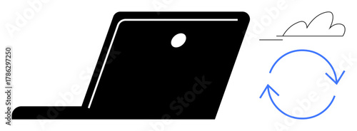 Open laptop with sync arrows emphasizing cloud storage and connectivity. Ideal for technology, workflow, remote work, data storage, innovation, communication, efficiency. Minimalist flat metaphor