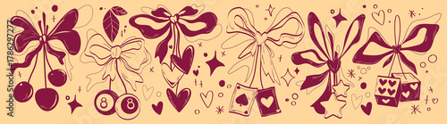 Coquette casino cherries with red ribbon bows on beige background. Vector illustration of retro pattern with billiard balls, poker cards, gambling dice, heart and star signs, elegant doodle design