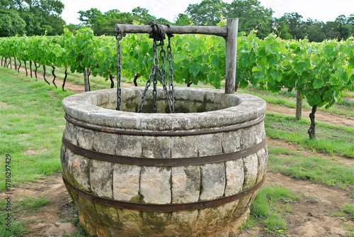Vintage stone well in vineyard surrounded by green grapevines under clear sky. A rustic and traditional countryside concept ideal for seasonal agricultural themes.