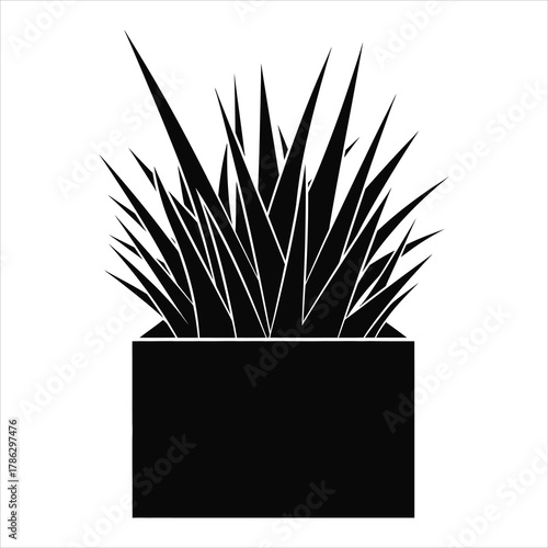 Black Silhouette of Potted Grass in a Square Planter on White Background Keywords: grass, silhouette, potted