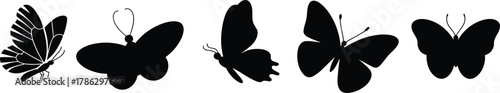 Butterfly silhouette collection, wing variations, insect shapes, black outlines, nature illustration, flying pose, artistic design, graceful form, species comparison, decorative element