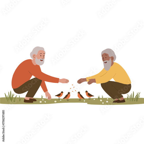 Senior men feeding birds. Elderly men scattering birdseed. Older men feeding pigeons outdoors. Retirees feeding birds together. Elderly set