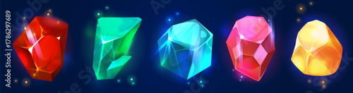 Game crystal gem collection with magic precious diamond gemstones in vibrant colors - glowing jewel stones on dark background. Fantasy treasure assets for rpg ui, mobile puzzle or match 3 games.