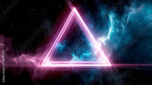 Neon triangle emitting radiant pink and blue light with abstract smoke background. Futuristic design concept ideal for tech visuals with ample copy space for overlay.
