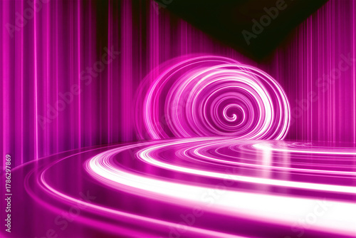 Futuristic glowing spiral tunnel in vibrant pink neon tones with radial energy lines. Conceptual abstract background with copy space for tech, AI, or science themes.