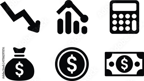 Illustrative representation of financial markets depicting losses and gains alongside money and calc