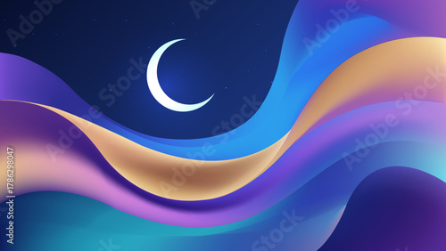 Dynamic fluid gradient Islamic abstract background featuring a crescent moon, smooth wavy motion, and vivid color transitions. Perfect for modern, creative, and spiritual designs.