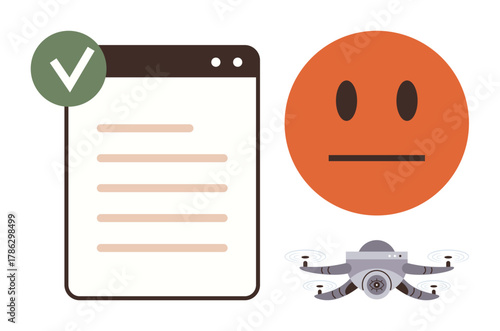 Checklist with approval mark, neutral face expressing uncertainty, and quadcopter representing technology. Ideal for decision-making, technology use, survey feedback, data analysis, validation