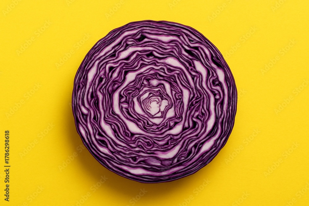 Fototapeta premium Purple cabbage cross section on yellow background