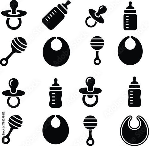 Seamless Pattern of Baby Items Including Pacifiers Bottles Rattles and Bibs in Simple Black and Whit
