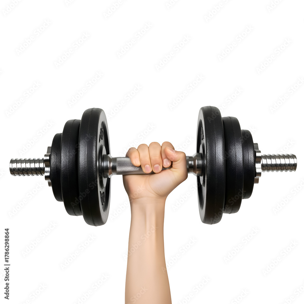 Fototapeta premium Hand gripping a heavy black dumbbell for weightlifting exercise.