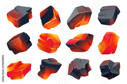 Coal set. Pieces of burning black coal exact vector coal collection for fireplace